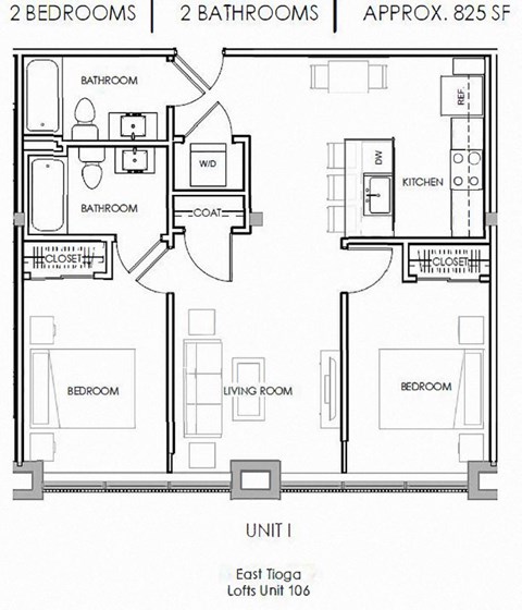 Floor plan for 2 beds, 2 baths, 1031 sqft